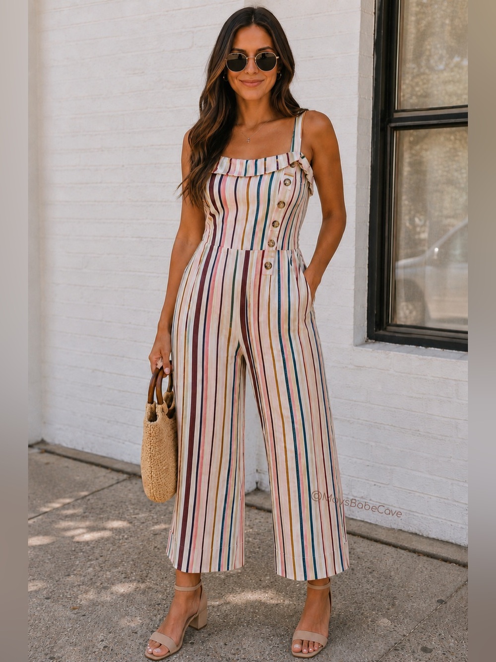Striped & Buttoned Cropped Cotton Jumpsuit